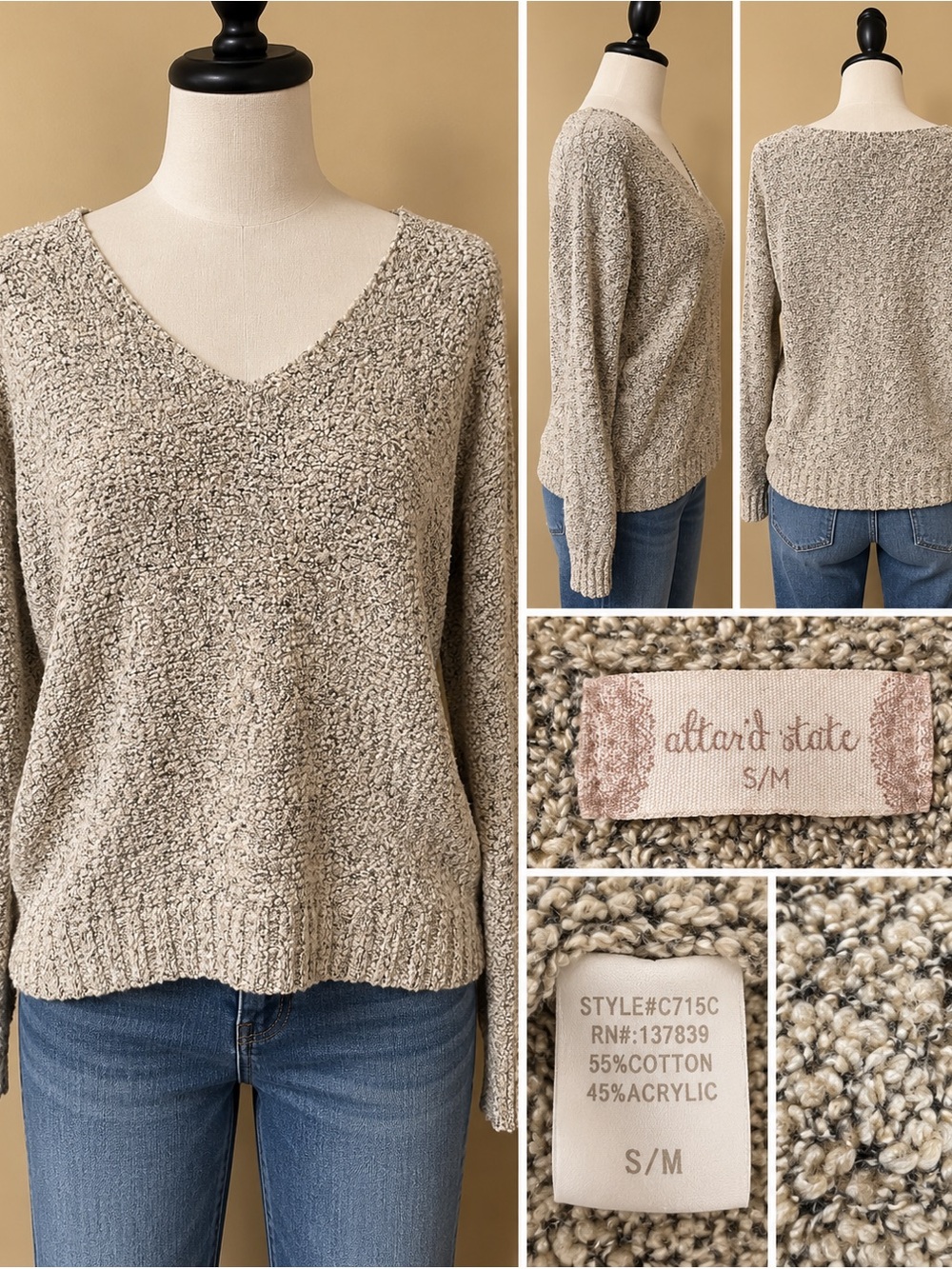 Altar’d State Women’s S/M Neutral Textured V-Neck Sweater Cotton Blend